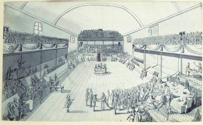 Französische Revolution: die Geburt der Verfassung im September 1791 verfasst von Guy Jean-Baptiste Target (1733-1807) im Raum des Jeu de Paume in Versailles, wo die Abgeordneten am 20.06.1789 einen Eid abgelegt hatten. Anonyme Zeichnung um 1791. Paris, Lo von French School