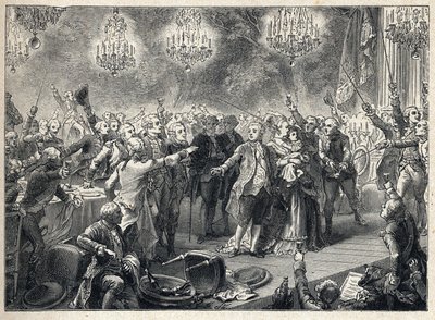 Französische Revolution: die Royalisten schwören der Monarchie in Anwesenheit von König Ludwig XVI. (1754-1793), Königin Marie Antoinette (1755-1793) und dem Delfin beim Bankett der Leibwächter am 1. Oktober 1789 in der Orangerie von Versailles die Treue von French School