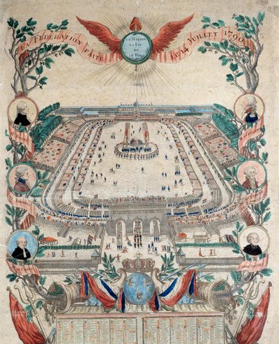Französische Revolution: Ansicht des Festes der Nationalen Föderation am 14.07.1790 auf dem Marsfeld. Gravur von 1790. Paris, Nationalarchiv von French School