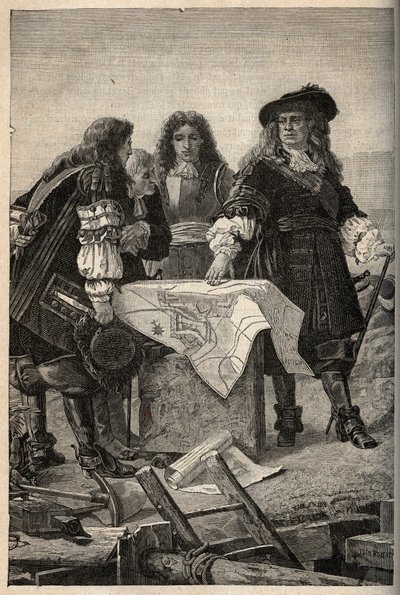 Der französische Architekt Vauban entwirft die Pläne für die Befestigungen von Belfort (Ostfrankreich) auf Wunsch von Ludwig XIV. im Jahr 1687 - Sebastien Le Prestre de Vauban gibt die Pläne der Befestigungen von Belfort - Gravur in „PATRIE“ - DESCRIPTION  von French School