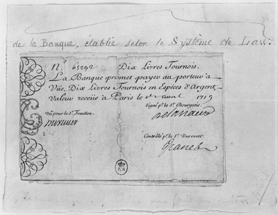 Französischer Geldschein über zehn Pfund von der Law Bank, datiert 1. April 1719 von French School