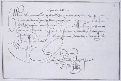 Französische Kalligraphie: Technographie, „Beispiel einer Minute“ von Guillaume Le Gangneur um 1599. Historische Bibliothek der Stadt Paris. von French School