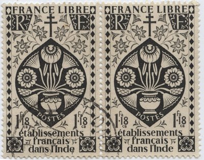 Französische Niederlassungen in Indien - FRANCE LIBRE und Lothringer Kreuz - Briefmarke 1942 von French School
