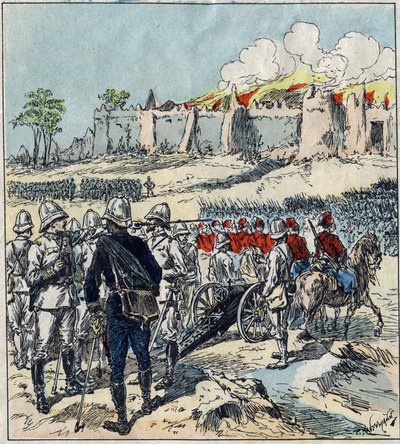 Französische Expedition nach Dahomey (heutiges Benin). General Dodds formiert seine Angriffskolonnen vor Abomey von French School