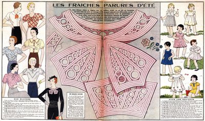 Französische Mode für den Sommer 1934: Damenmode (Blusen) und Kinderkleidung (Kleider und Kostüme). In „Le petit echo de la mode“ von French School