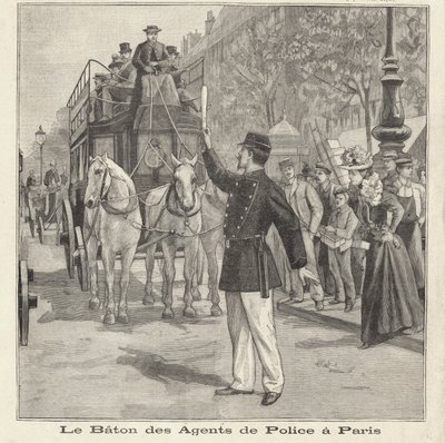 Französischer Polizist dirigiert den Verkehr auf den Straßen von Paris mit seinem Schlagstock von French School