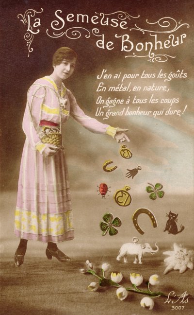 Französische Postkarte, die La Semeuse de Bonheur (Die Säerin des Glücks) darstellt, 29. März 1914 von French School