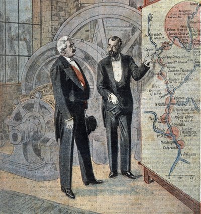 Der französische Präsident Millerand und der Ingenieur, der den Bau von Wasserkraftwerken am Rhone-Fluss plant. Illustration aus „Le pelerin“ April 1921 von French School