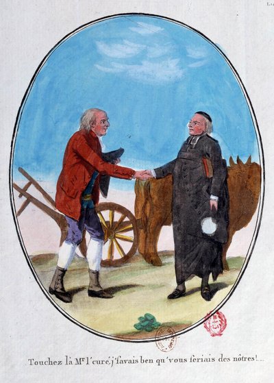 Französische Revolution: ein Bauer und ein Priester schütteln sich die Hände. „Berühre den Herrn, ich wusste, dass du einer von uns sein würdest.“ Karikaturgravur aus dem späten 18. Jahrhundert. Paris, Bibliothek des Arsenal von French School
