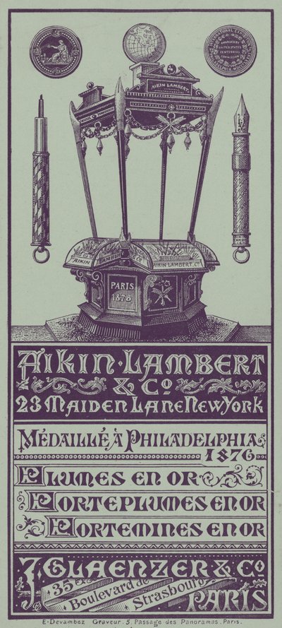 Französische Werbekarte für Aikin Lambert Stifte, Stifthalter und Druckbleistifte (Lithografie) von French School