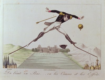 Von Hoch zu Tief... oder die Ursachen und Wirkungen, Karikatur der Außenpolitik Napoleons, ca. 1814 von French School