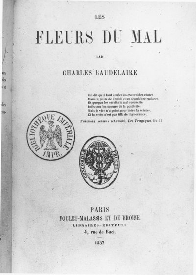 Vorderseite der Erstausgabe von Les Fleurs du mal von Charles Baudelaire, veröffentlicht von Poulet-Malassis et de Broise, 1857 von French School