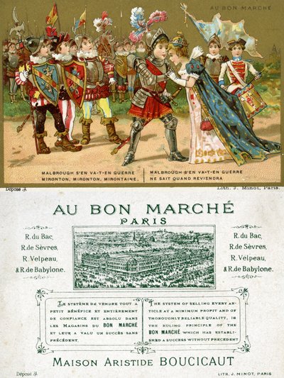 Vorder- und Rückseite einer Werbekarte für das Pariser Kaufhaus Au Bon Marché, die eines der beliebtesten Volkslieder in der französischen Sprache darstellt, Marlbrough sen va-t-en guerre (Marlborough) von French School