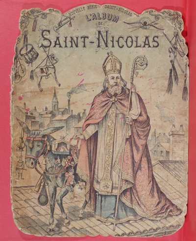 Vorderseite eines Bilderalbums, das den heiligen Nikolaus zeigt, wie er den Kindern Geschenke bringt, spätes 19. Jahrhundert von French School