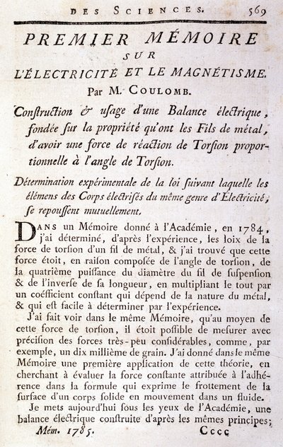 Frontispiz des Buches „Erstes Memoir über Elektrizität und Magnetismus“ von Coulomb von French School