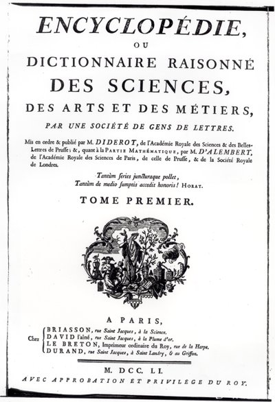 Frontispiz zur Enzyklopädie der Wissenschaft, Kunst und Technik von Denis Diderot (1713-84), veröffentlicht in Paris, 1751 von French School