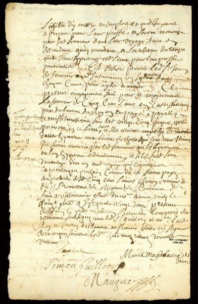Pelzhandelsvertrag zwischen Francois Francoeur und vier Voyageuren für den Transport von Waren und den Kauf von Biberfellen in Michilimackinac und Chicago, 1692 von French School