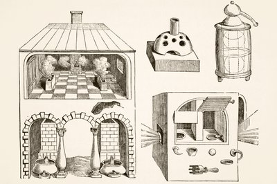 Öfen und verschiedene Apparate, die von Chemikern und Alchemisten im Mittelalter verwendet wurden, nach einem Stich von Vriese, aus Wissenschaft und Literatur im Mittelalter von Paul Lacroix, veröffentlicht in London 1878 von French School