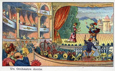 Futuredays: Eine Vision des 19. Jahrhunderts vom Jahr 2000 - Serie „Im Jahr 2000“: Ein fügsames Orchester (Maschinen spielen Musikinstrumente). Chromolithographie von Villemard von French School