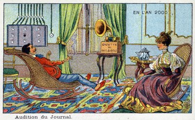 Futuredays: Eine Vision des 19. Jahrhunderts vom Jahr 2000 - Serie „Im Jahr 2000“: Anhörung der Zeitung (Radio). Chromolithographie von Villemard von French School