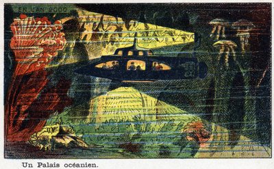 Futuredays: Eine Vision des 19. Jahrhunderts vom Jahr 2000 - Serie „Im Jahr 2000“: Ein Pazifischer Palast (ein kleines U-Boot). Chromolithographie von Villemard von French School