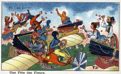 Futuredays: Eine Vision des 19. Jahrhunderts vom Jahr 2000 - Serie „Im Jahr 2000“: Ein Blumenfest - Chromolithographie von Villemard von French School