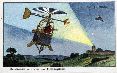 Futuredays: Eine Vision des 19. Jahrhunderts vom Jahr 2000 - Serie „Im Jahr 2000“: Hubschrauber-Vorposten - Chromolithographie von Villemard von French School