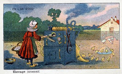 Futuredays: Eine Vision des 19. Jahrhunderts vom Jahr 2000 - Serie „Im Jahr 2000“: Intensive Zucht (Ei wird zum Küken beim Verlassen der Brutmaschine). Chromolithographie von Villemard von French School