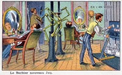 Futuredays: Eine Vision des 19. Jahrhunderts vom Jahr 2000 - Serie „Im Jahr 2000“: Das neue Spiel Barber (automatische Maschine). Chromolithographie von Villemard von French School
