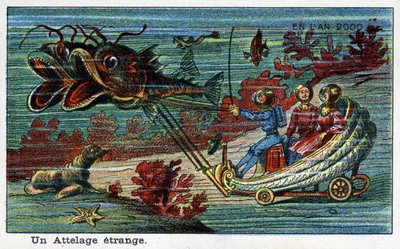 Futuredays: Eine Vision des 19. Jahrhunderts vom Jahr 2000 - Serie „Im Jahr 2000“: Ein seltsamer Anhang (Panzer, der von Fischen unter Wasser gezogen wird). Chromolithographie von Villemard von French School