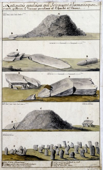 Gallische Antiquitäten in Locmaziaquev, Crach, Quiberon und Carnac, Pfarreien des Bistums Vannes - in „Historische, topographische und natürliche Beschreibung der Bretagne“ von Robien von French School