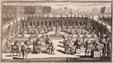 Gärtner arbeiten in einem Orangenhain, aus Le Parfait Jardinier, ou Instruction pour les Jardins Fruitiers et Potager, von Jean de la Quintinye, veröffentlicht 1695 von French School