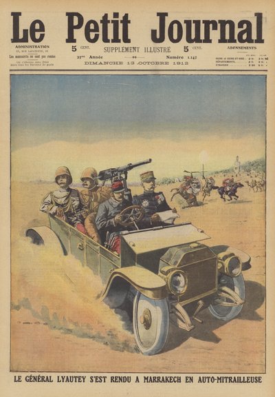 General Hubert Lyautey, Generalresident von Französisch-Marokko, besucht Marrakesch in einem gepanzerten Auto von French School