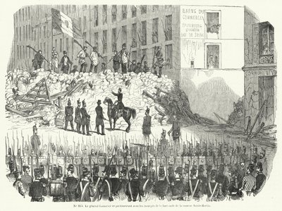 General Lamoriciere verhandelt mit bewaffneten Arbeitern, die ihre Barrikade vor der Saint Martin Kaserne verteidigen, Paris, 23. Juni 1848 (Stich) von French School