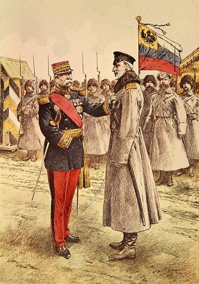 General Pau verleiht dem russischen Oberbefehlshaber, Großfürst Nikolaus, eine französische Auszeichnung von French School