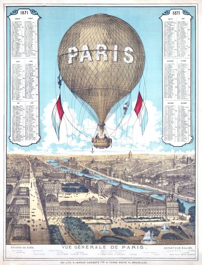 Gesamtansicht von Paris und Liste der Ballonabflugorte während der Belagerung von Paris, 1871 von French School