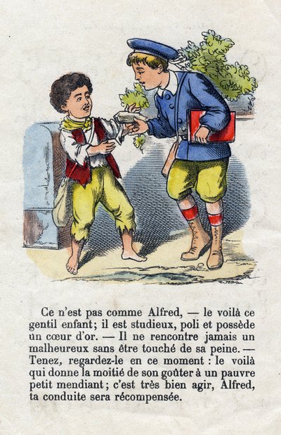 Großzügigkeit. Kind gibt einem kleinen Bettler die Hälfte seines Geschmacks. Alphabet der kleinen Jungen. Abecedarium mit moralischem Wert, das Leseübungen enthält. Bild von Epinal, Ende des 19. Jahrhunderts von French School