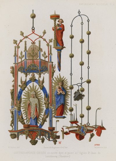 Vergoldeter und bemalter Kupferleuchter und Kerzenhalter von French School
