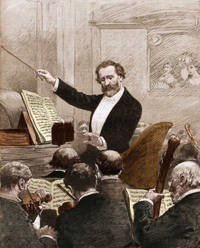 Giuseppe Verdi dirigiert das Opernorchester bei der ersten Aufführung von „Aida“ in Paris im Jahr 1880 von French School