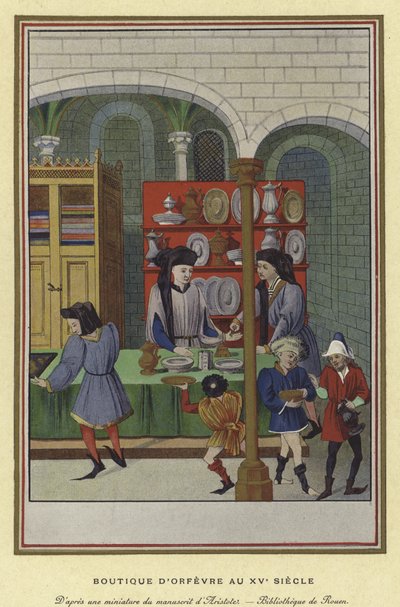 Gold- und Silberschmiedeladen, 15. Jahrhundert von French School