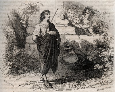 Griechische Mythologie: Bacchis und seine Freunde versuchen, Gyges zu verführen, der ablehnt und seiner verstorbenen Frau treu bleibt. Gravur von 1871 in "Histoire Des Cocus Celebres" von Henry de Kock (1819-1892) von French School