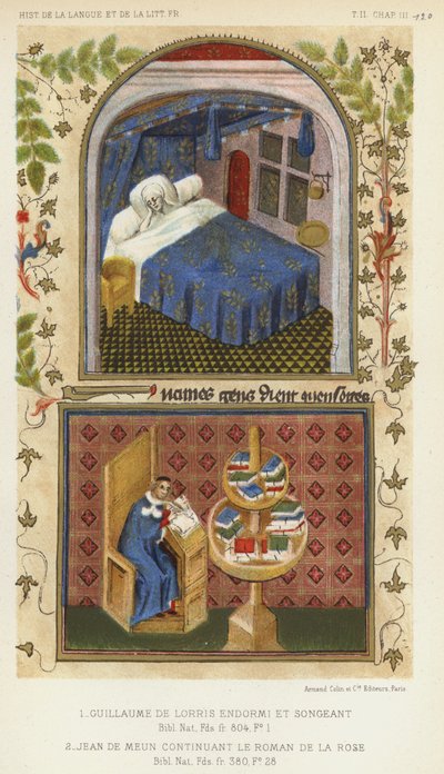 Guillaume De Lorris Endormi Et Songeant, Jean De Meun Continuant Le Roman De La Rose von French School