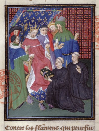 Guillaume de Nangis (gest. 1300 oder 1303) überreicht sein Buch an Philippe IV le Bel, König von Frankreich von 1285-1314 (Pergament) (Detail) von French School
