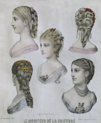Frisuren, Illustration aus Le Moniteur de la Coiffure, 10. Dezember 1879 (Farbstich) von French School