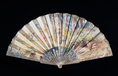 Handfächer, der den Frühling oder das Erblühen der Liebe darstellt, bemaltes Papier mit graviertem weißen Perlmuttgriff, 35,5 cm, signiert Adolphe Faugeron, Frankreich von French School