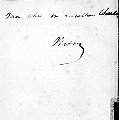 Handschriftliche Unterschrift von Victor Hugo auf einer Seite seines Buches 