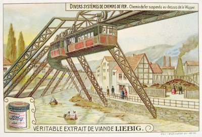 Hängebahn über dem Fluss Wupper, Werbekarte für Veritable Extrait de Viande Liebig von French School