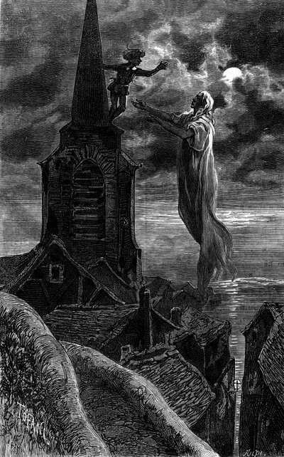 Er erschien auf dem Kirchturm. Gravur zur Illustration des Romans „Feuer und Flamme“ von Zenaide Fleuriot. In „Le Journal de la jeunesse“ von French School