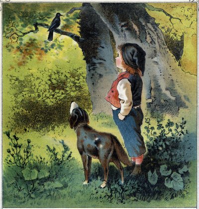 Henri beobachtet eine Amsel auf einem Ast im Wald und denkt darüber nach, wie sein Leben als Vogel wäre. Chromolithographie aus „Kindheitsszenen“, ed. Guerin - Muller um 1885. von French School