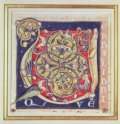 Historisierte Initiale U mit einem verschlungenen Muster und fantastischen Tieren, aus der Bibel von Saint-Andre aux-Bois von French School